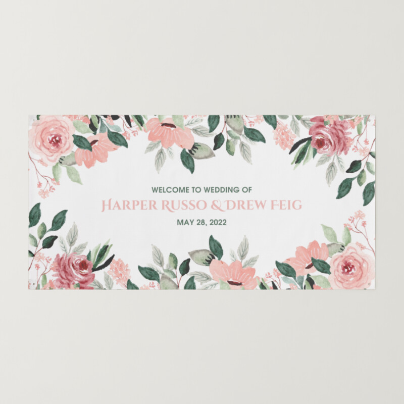 Pink and Green Watercolor Floral Landscape Wedding Banner 