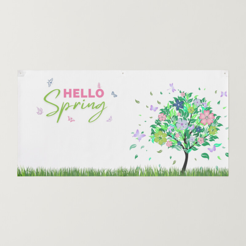 Green And White Illustrated Hello Spring Season Landscape Banner