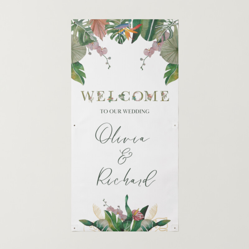 Watercolor Tropical Flowers Vertical Wedding Banner