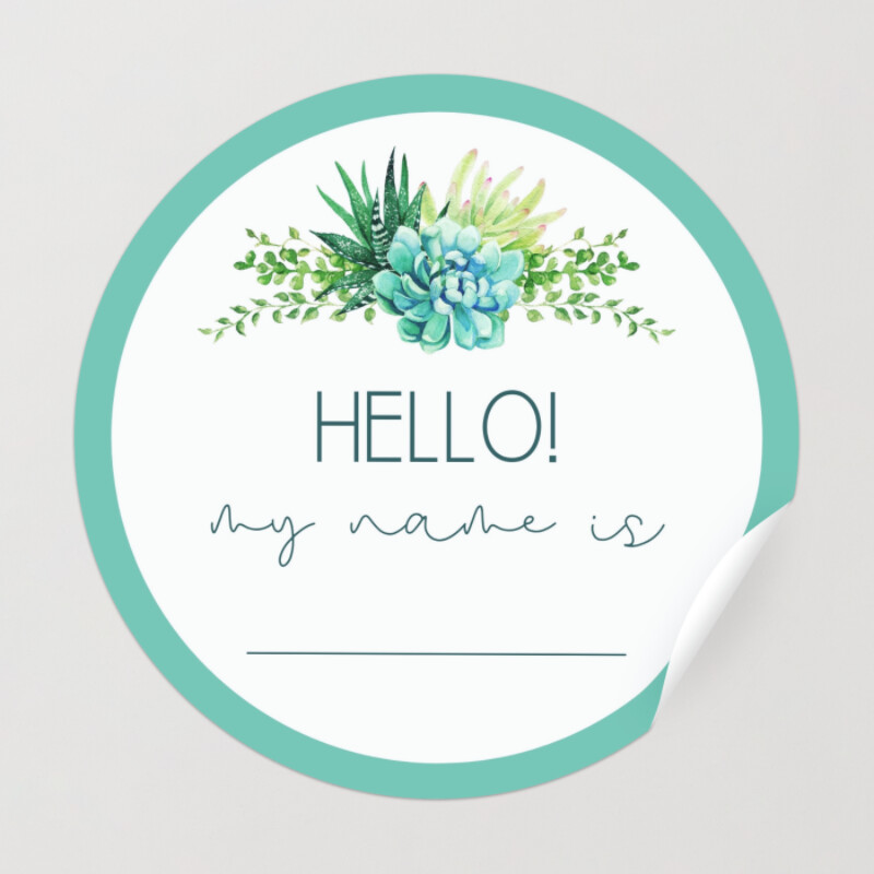 Green Watercolour Succulents Hello My Name is Circle Sticker