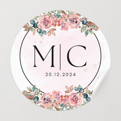 Monogram Vintage Elegant Floral Rose Black Wedding Classic Round Sticker