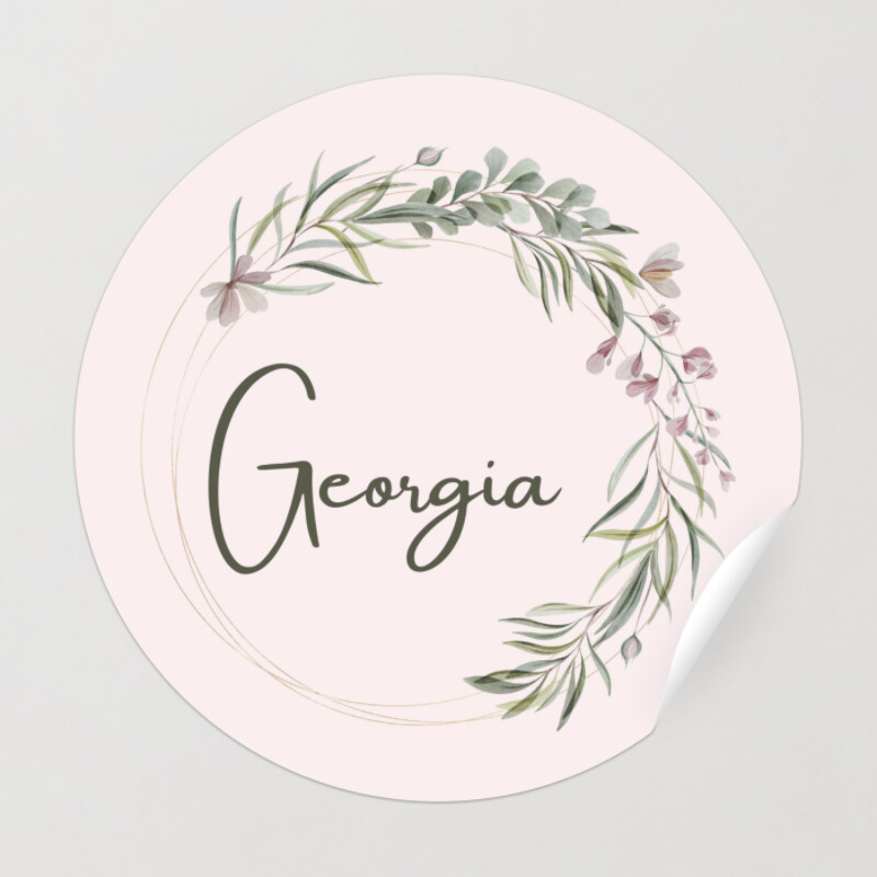Pink Watercolor Wreath Name Label Sticker