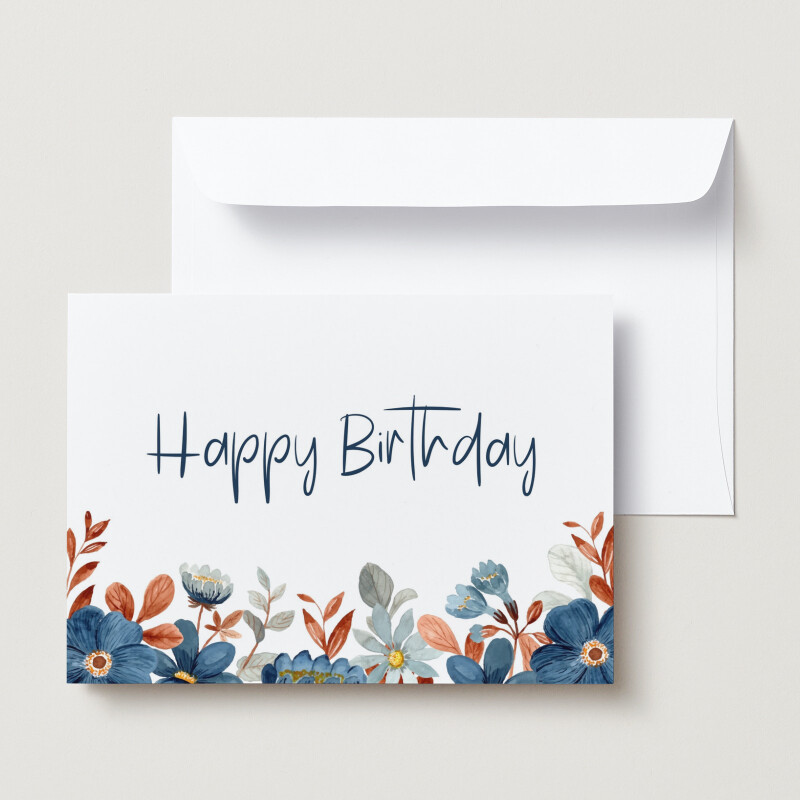 Blue Spring Floral Watercolor Happy Birthday Card