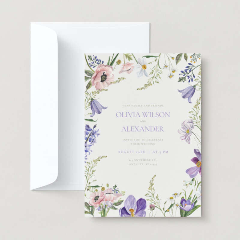 Purple and Cream Floral Bordered Wedding Invitation