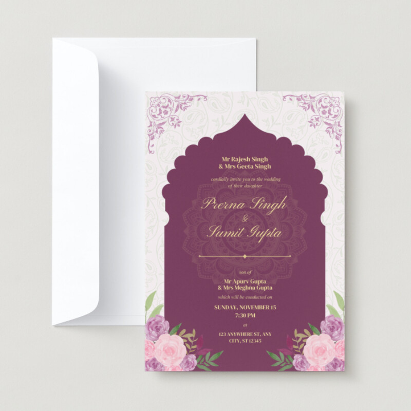 Purple Pink and Golden Wedding Invitation