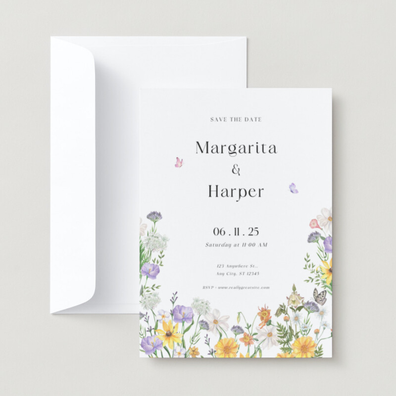 White Modern Minimalist Floral Wedding Invitation