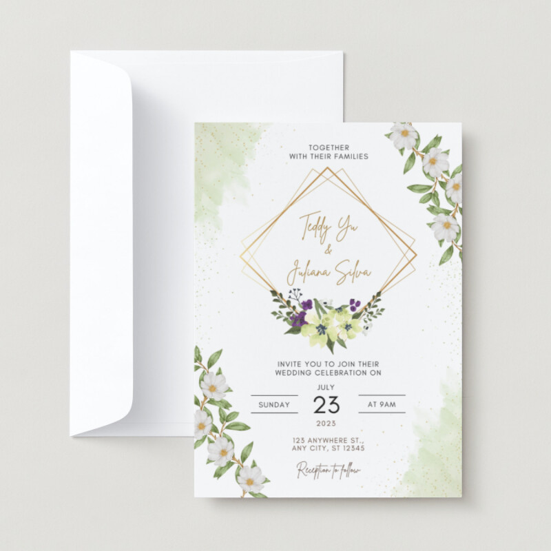 White Green Floral Watercolor Wedding Invitation