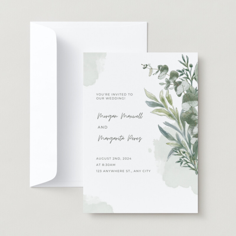 White Green Watercolor Floral Border Wedding Invitation