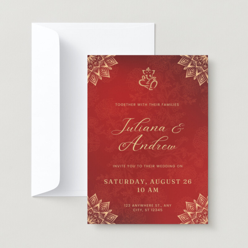 Gold and Red Classic Traditional Floral Patterned Indian Wedding Invitation