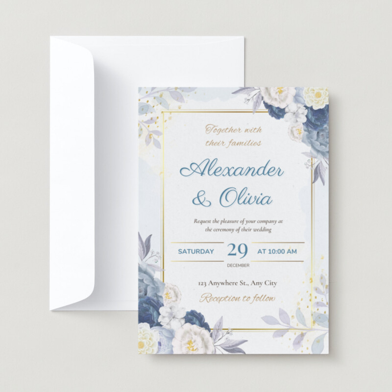 Blue and Gold Floral Wedding Invitation