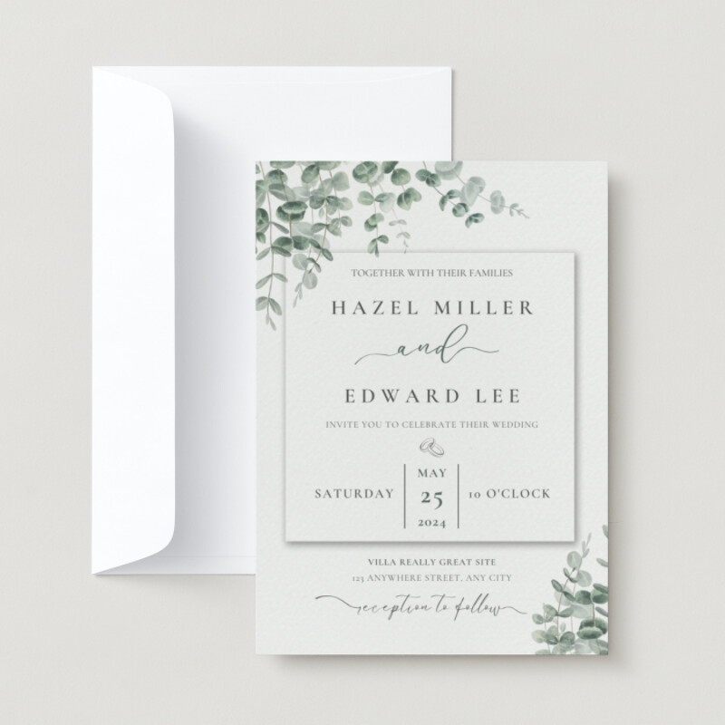 Green and White Floral Watercolor Wedding Invitation