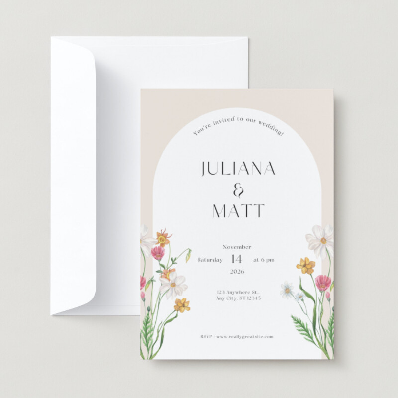Beige White Modern Minimalist Floral Wedding Invitation
