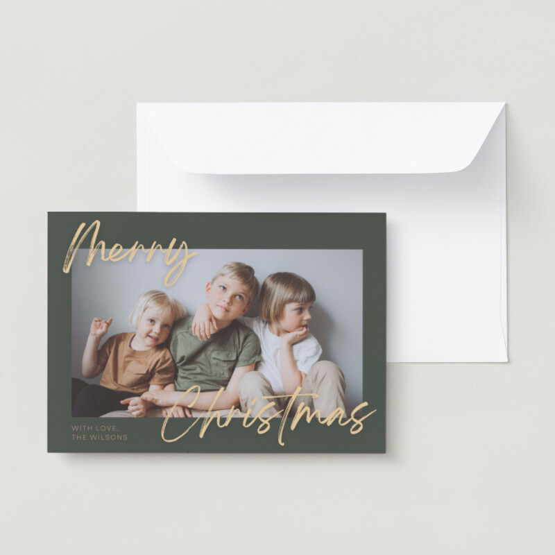 Green Gold Simple Photo Handwriting Merry Christmas Holiday Card