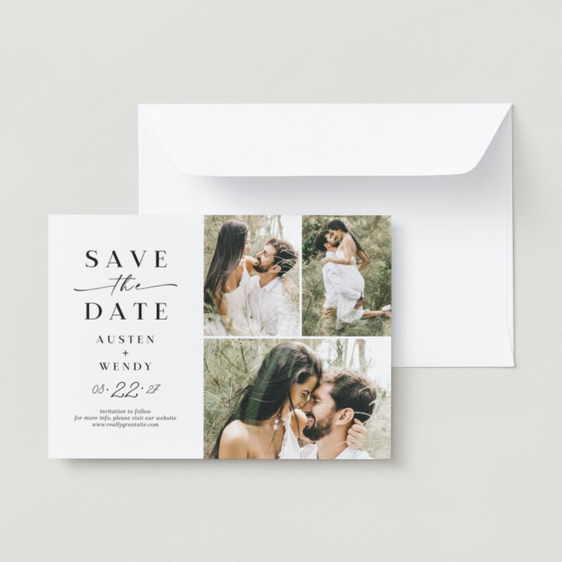 Collage minimalist trendy photo white neat save the date wedding invitation card