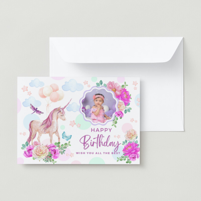 Pink Purple Watercolor Cute Unicorn Childish Birthday Card