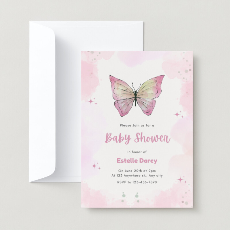 Pink Watercolor Modern Minimalist Baby Shower Invitation