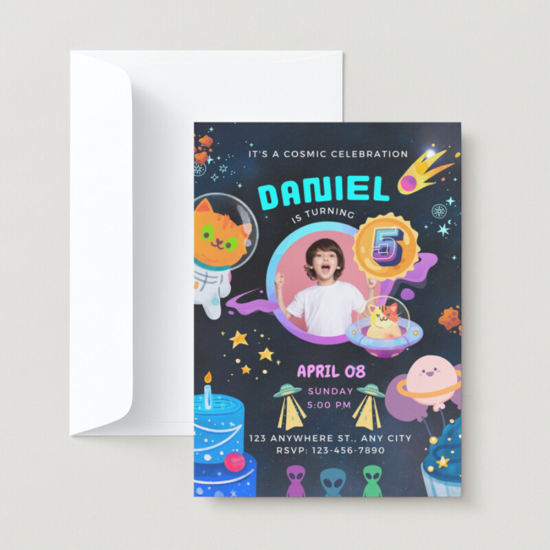 Colorful Black Space Themed Birthday Party Invitation