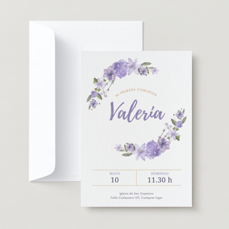 Invitación Mi Primera Comunión Floral Acuarela Violeta Dorado