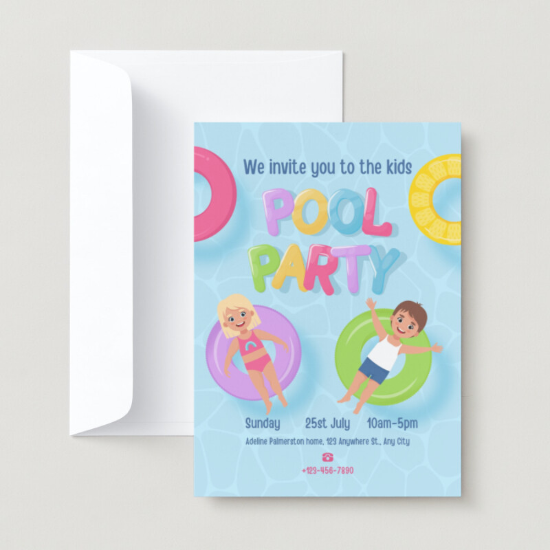 Colorful Fun Illustrated Kids Pool Party Invitation