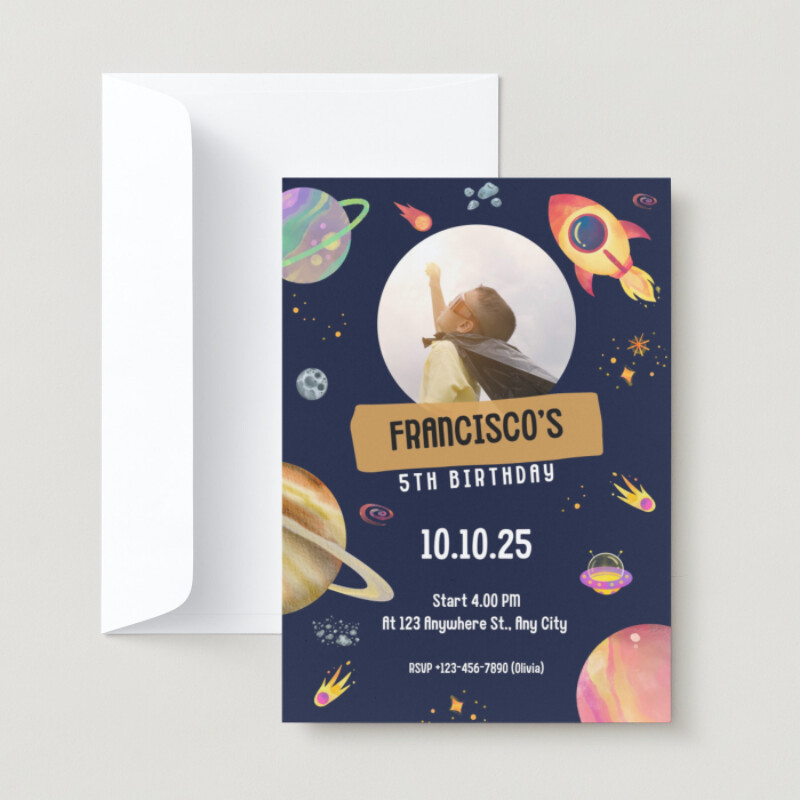 Blue Space Themed Birthday Party Invitation
