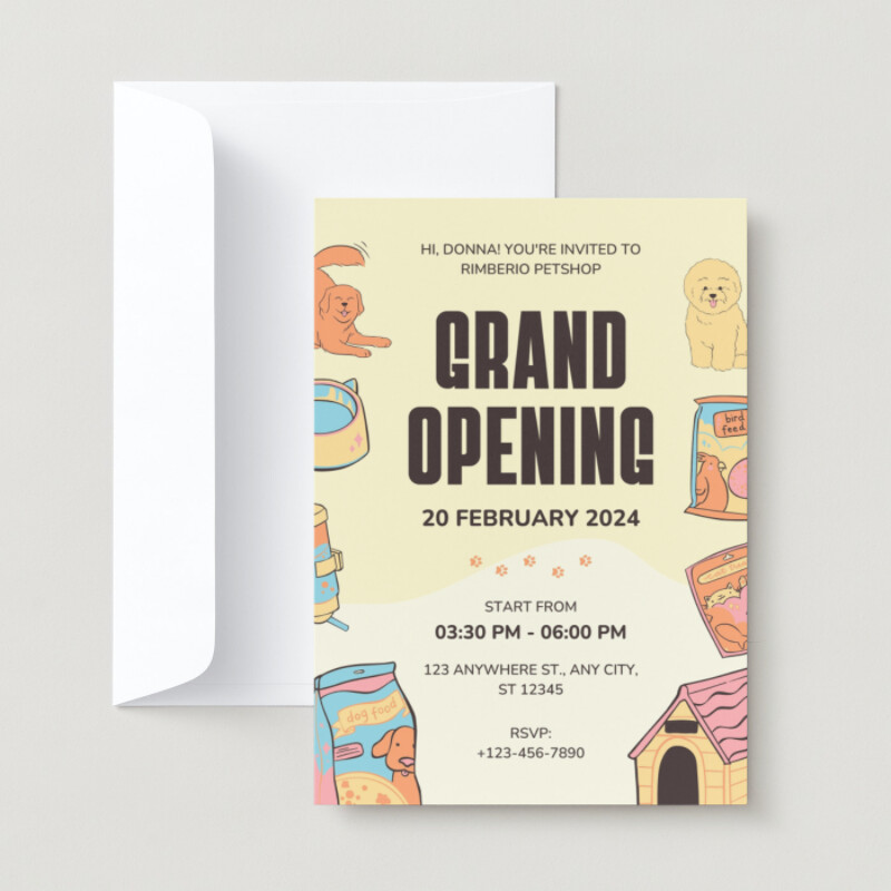 Yellow Orange Illustrative Pet Shop Opening Invitation