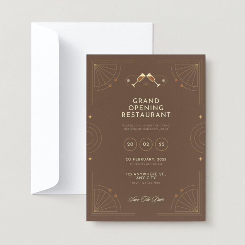 Brown Gold Geometric Grand Opening Restaurant Invitation