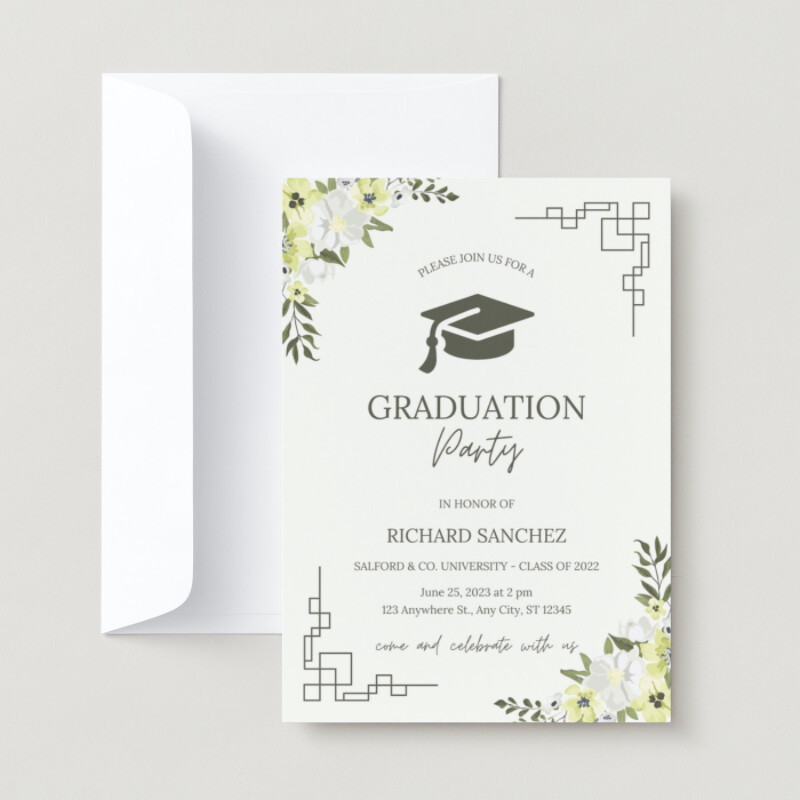 Green and Cream Floral Graduation Invitation