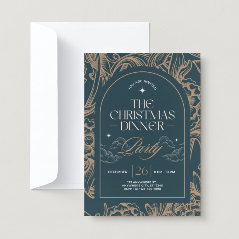 Dark Green and Gold Vintage Christmas Dinner Party Invitation
