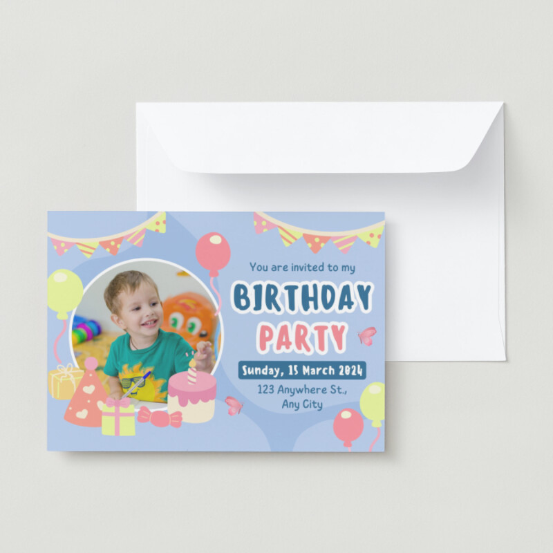 Blue and Yellow Pastel Colorful Playful Illustrative Kids Birthday Invitation