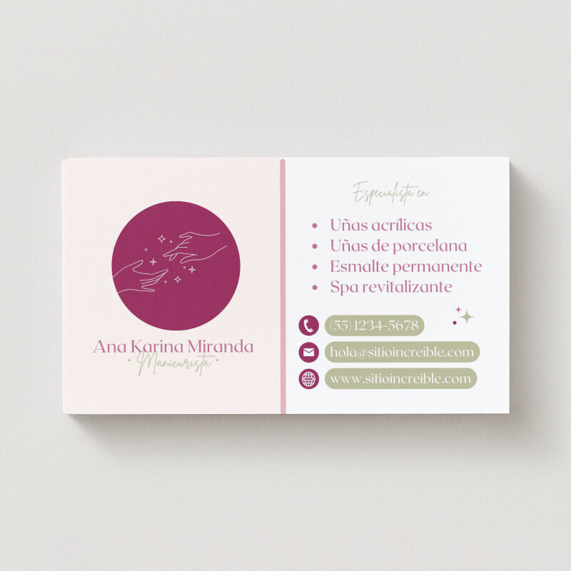 Tarjeta de presentación para manicurista femenino beige rosa y verde